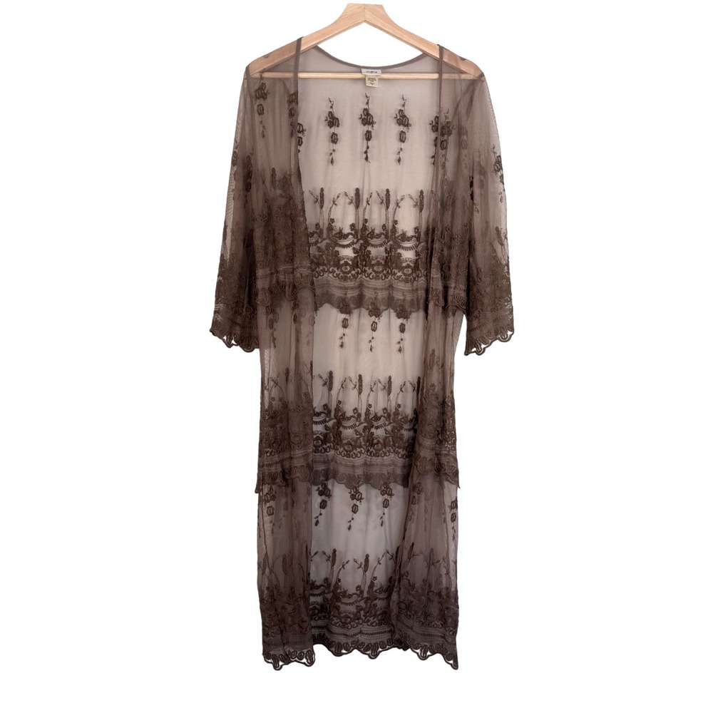 Daytrip Sheer Embroidered Kimono Duster‎ Brown Lace Trim Size S Boho Whimsigoth